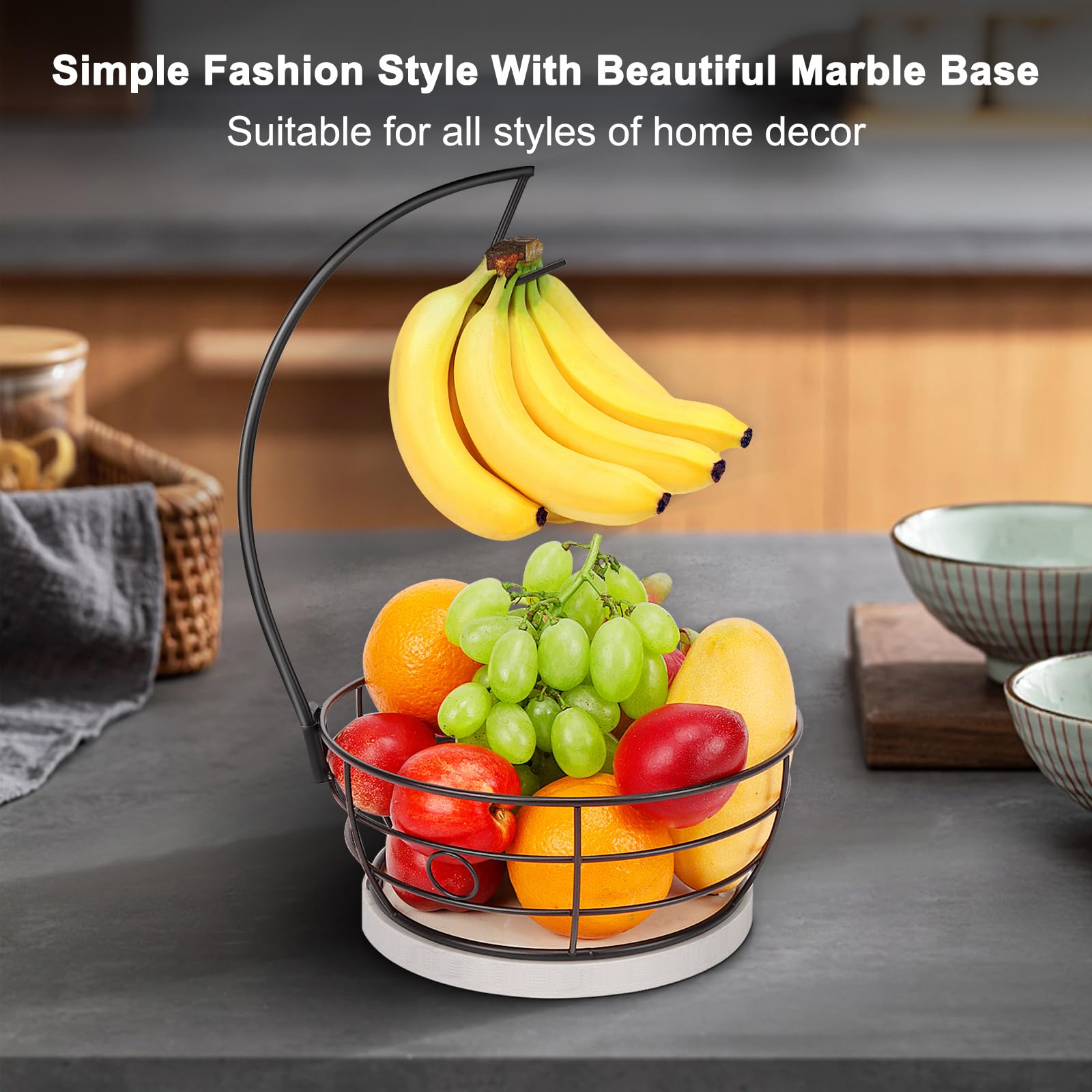 Livabber Countertop Fruit Basket Bowl with Banana Hanger, Modern Standing Fruit Vegetable Bowl Storage, with Banana Tree Holder for Kitchen Dinning Table (Round Marble, Black)