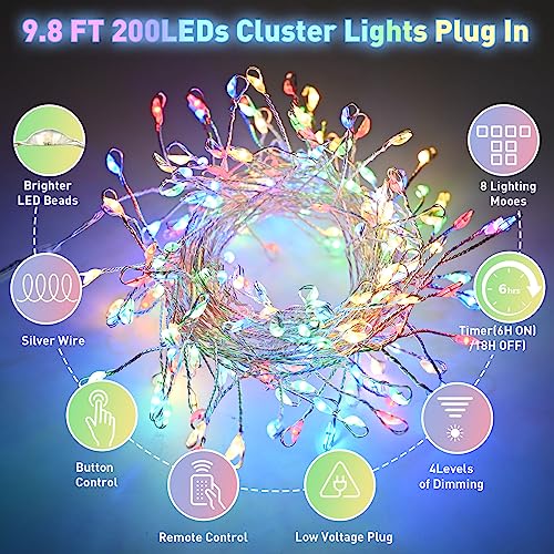 Fairy Lights Plug in with Remote, 8 Modes Timer 9.8 Feet 200 LEDs Twinkle Lights, Waterproof Firecracker Starry String Lights for Bedroom, Mini Led Cluster Firefly Lights for Camping Vases Multicolor