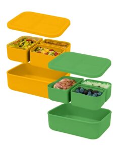 versatyle platinum silicone bento box, leak proof lunch box 2 pack with 3 removable compartments, container snack box, microwave, freezer and dishwasher safe (yellow and green)
