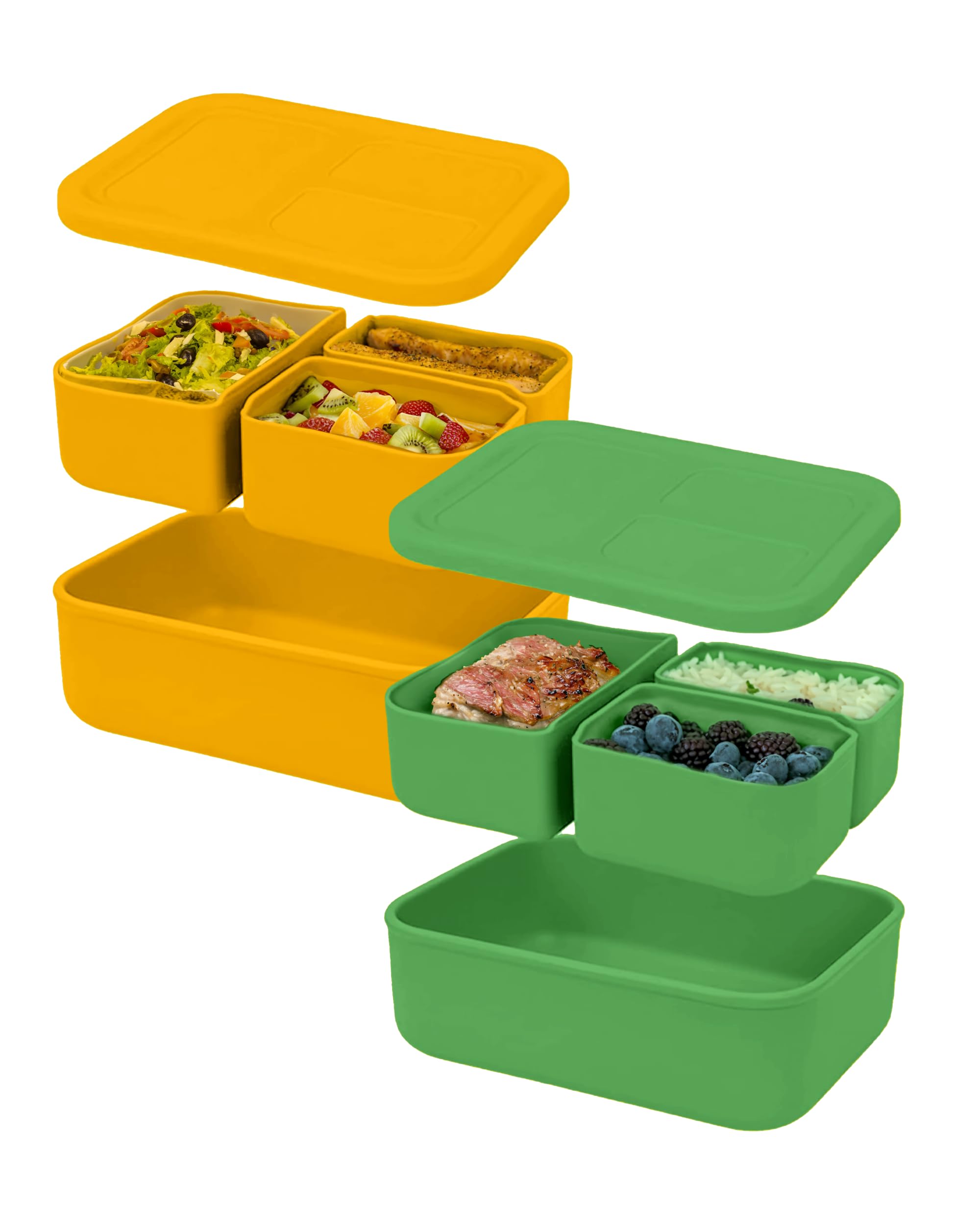 Versatyle Platinum Silicone Bento Box, Leak Proof Lunch Box 2 Pack with 3 Removable Compartments, Container Snack Box, Microwave, Freezer and Dishwasher Safe (Yellow and Green)