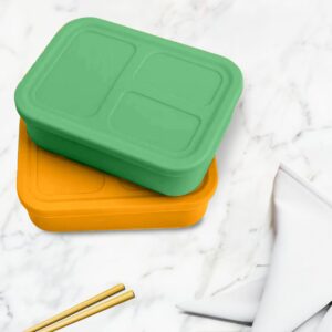 Versatyle Platinum Silicone Bento Box, Leak Proof Lunch Box 2 Pack with 3 Removable Compartments, Container Snack Box, Microwave, Freezer and Dishwasher Safe (Yellow and Green)