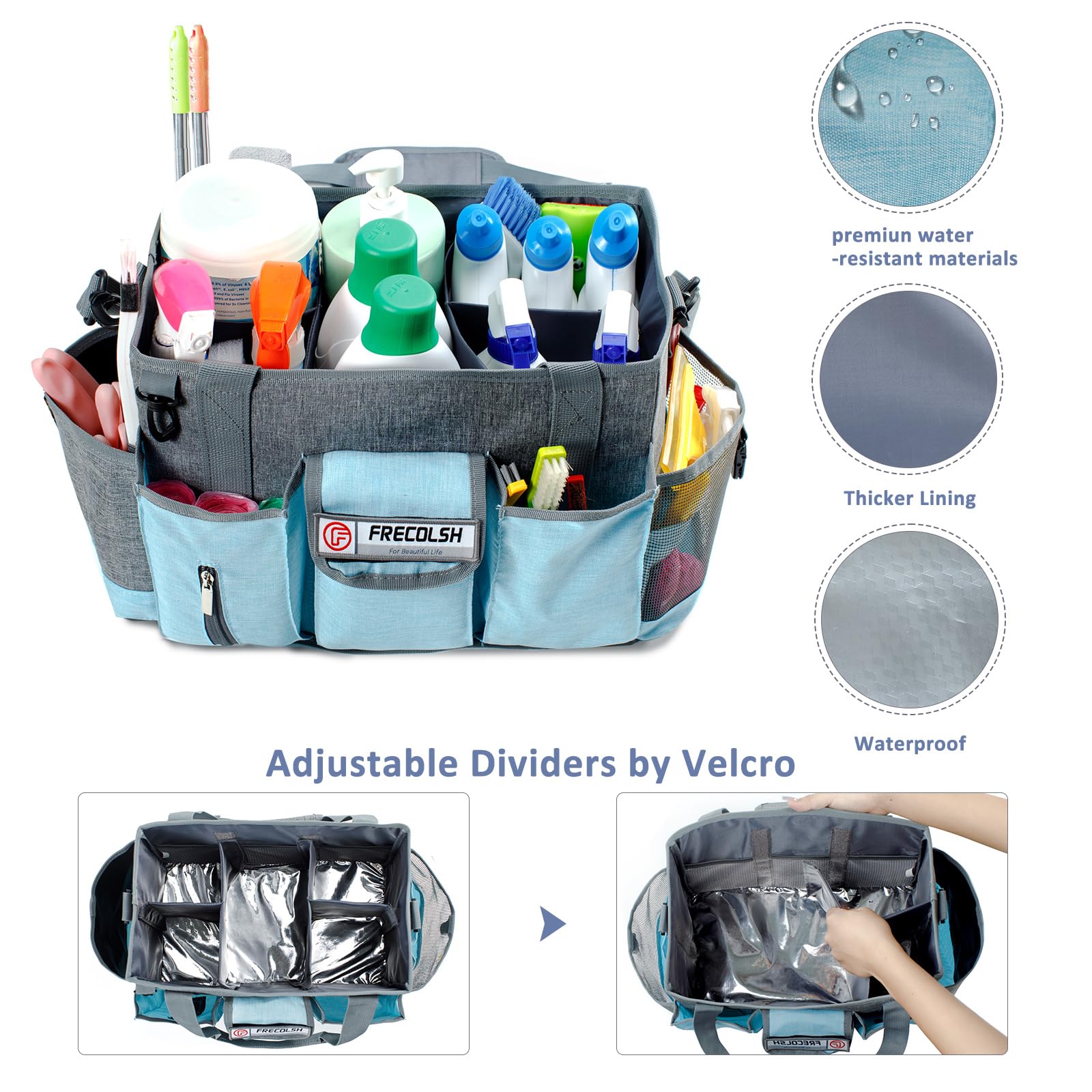 FRECOLSH Grey-Blue Cleaning Caddy, Oxford Polyester, Adjustable 5 Compartments, Padded Carry Handle, Waterproof Interior, Ideal for Housekeeping and Cleaning Supplies
