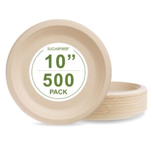 [500 count]sugarfiber by harvest pack 10-inch round disposable compostable paper plates, heavy-duty natural bagasse biodegradable plate, made from eco-friendly sugarcane plant fibers