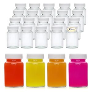 Woaiwo-q 24 Pack 2 oz Glass Shot Bottles w/White Lids - Small Clear Jar for Ginger Shot, Juice, Sample, Whiskey - Travel Essentials Mini Bottles - Wide Mouth, Leakproof…