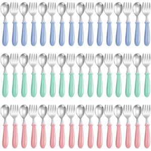 dandat 48 pcs toddler utensils bulk kids silverware stainless steel forks and spoons safe toddler flatware sets metal kids cutlery with round thick grip handles for self feeding, dishwasher safe