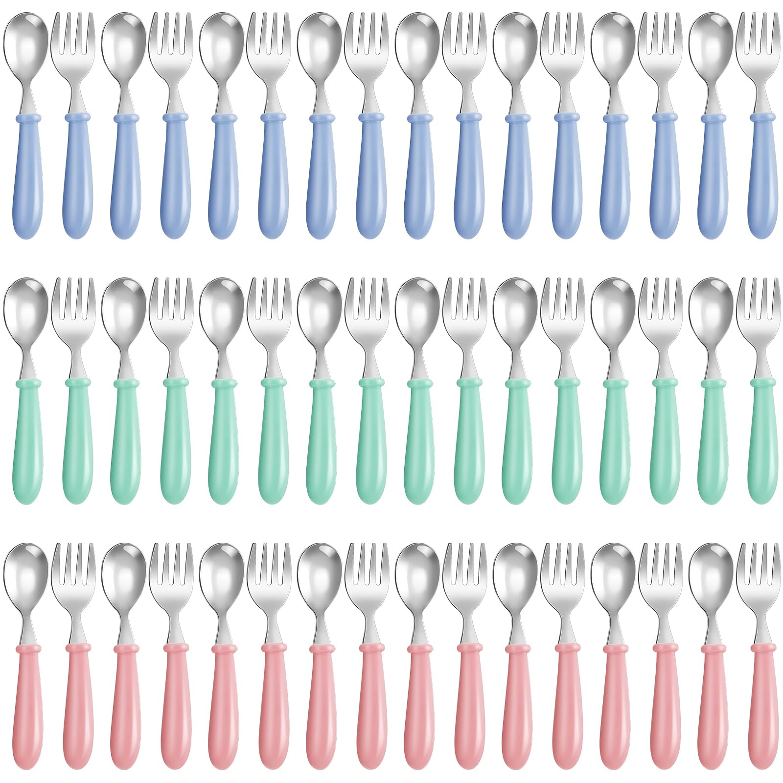 Dandat 48 Pcs Toddler Utensils Bulk Kids Silverware Stainless Steel Forks and Spoons Safe Toddler Flatware Sets Metal Kids Cutlery with Round Thick Grip Handles for Self Feeding, Dishwasher Safe