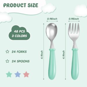 Dandat 48 Pcs Toddler Utensils Bulk Kids Silverware Stainless Steel Forks and Spoons Safe Toddler Flatware Sets Metal Kids Cutlery with Round Thick Grip Handles for Self Feeding, Dishwasher Safe