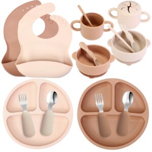 16 pcs baby led weaning supplies silicone baby feeding set baby plates with suction baby utensils with divided adjustable bib bowl cutlery snack cup spoons straw 6 months+ (walnut, beige)