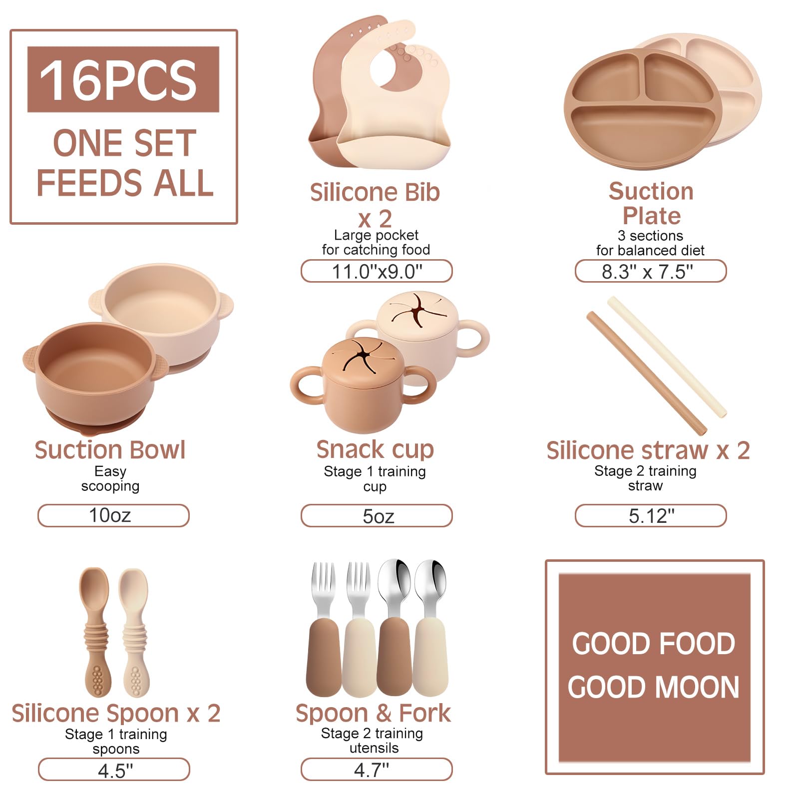 16 Pcs Baby Led Weaning Supplies Silicone Baby Feeding Set Baby Plates with Suction Baby Utensils with Divided Adjustable Bib Bowl Cutlery Snack Cup Spoons Straw 6 Months+ (Walnut, Beige)