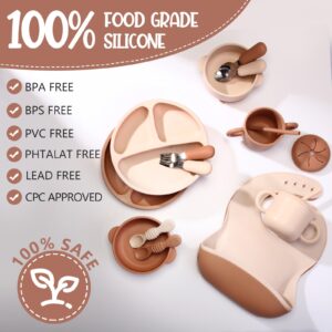 16 Pcs Baby Led Weaning Supplies Silicone Baby Feeding Set Baby Plates with Suction Baby Utensils with Divided Adjustable Bib Bowl Cutlery Snack Cup Spoons Straw 6 Months+ (Walnut, Beige)