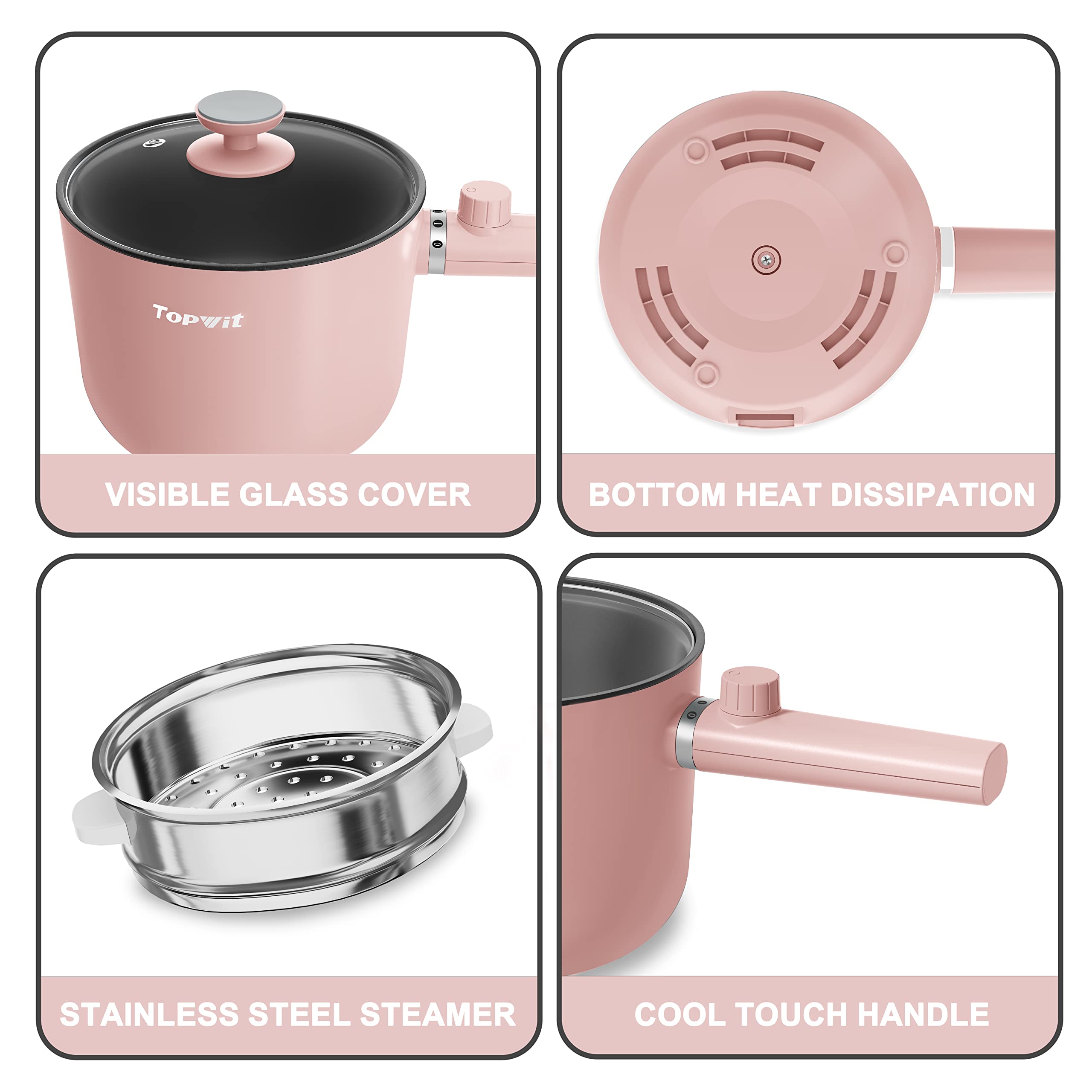 Topwit Hot Pot Electric with Steamer, 1.5L Ramen Cooker, Non-Stick Frying Pan, Electric Pot for Pasta, BPA Free, Electric Cooker with Dual Power Control, Over-Heating & Boil Dry Protection, Pink