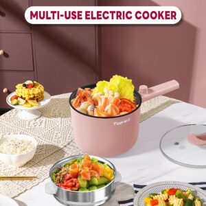 Topwit Hot Pot Electric with Steamer, 1.5L Ramen Cooker, Non-Stick Frying Pan, Electric Pot for Pasta, BPA Free, Electric Cooker with Dual Power Control, Over-Heating & Boil Dry Protection, Pink