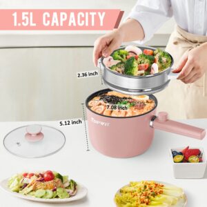 Topwit Hot Pot Electric with Steamer, 1.5L Ramen Cooker, Non-Stick Frying Pan, Electric Pot for Pasta, BPA Free, Electric Cooker with Dual Power Control, Over-Heating & Boil Dry Protection, Pink