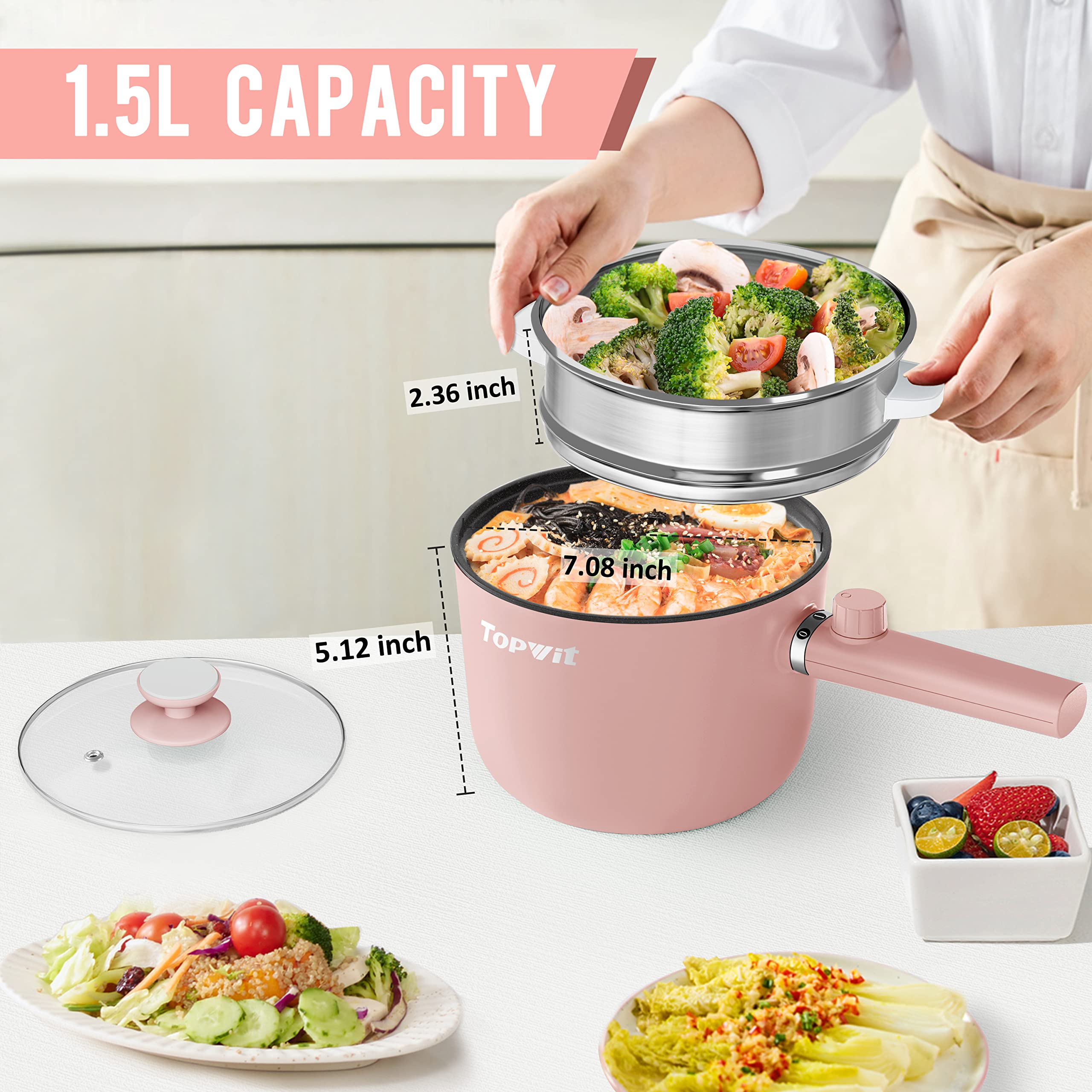 Topwit Hot Pot Electric with Steamer, 1.5L Ramen Cooker, Non-Stick Frying Pan, Electric Pot for Pasta, BPA Free, Electric Cooker with Dual Power Control, Over-Heating & Boil Dry Protection, Pink