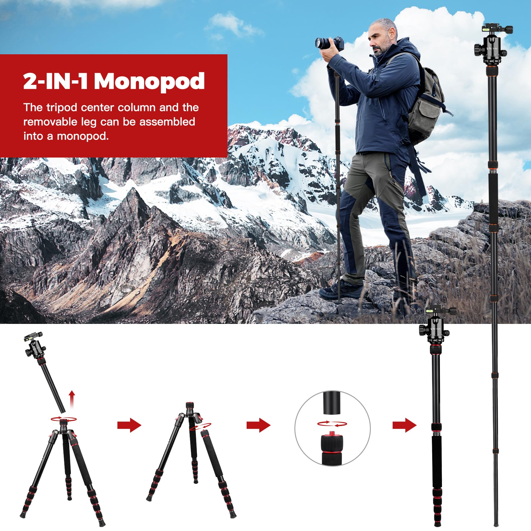 Tripod for Camera, 80“ Heavy Duty Camera Stand Tripod, Professional Ball Head Tripod Stand with Twist Locks, Aluminum Tripod Stand for DSLR Camera Spotting Scope, Video Camera Tripods & Monopods