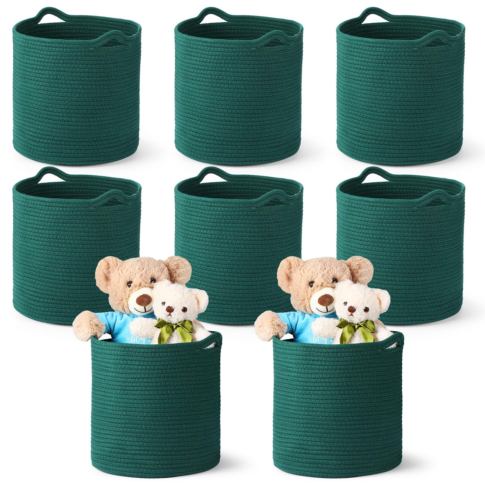 Yaomiao 8 Pcs Woven Basket with Handles Storage Cube Bins Cubby Storage Organizer 11x11x11'' Cube Storage Bins Toy Organization Bulk for Closet Shelf Bookcasestoy Clothes, Round and Green