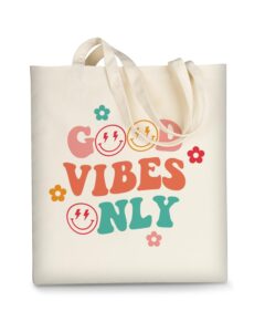 ausvkai canvas tote bag aesthetic for women cute grocery bag cotton beach totes gift-good vibes only