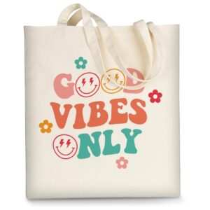 AUSVKAI Canvas Tote Bag Aesthetic for Women Cute Grocery Bag Cotton Beach Totes Gift-Good Vibes Only
