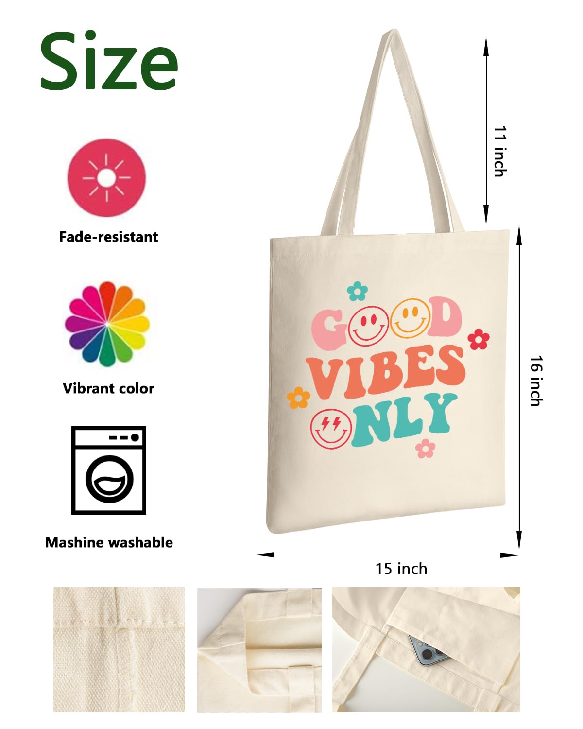 AUSVKAI Canvas Tote Bag Aesthetic for Women Cute Grocery Bag Cotton Beach Totes Gift-Good Vibes Only