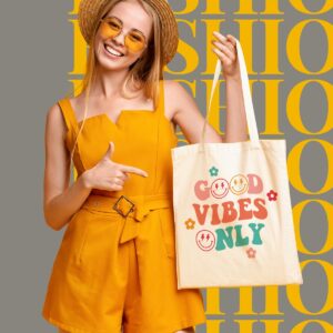 AUSVKAI Canvas Tote Bag Aesthetic for Women Cute Grocery Bag Cotton Beach Totes Gift-Good Vibes Only