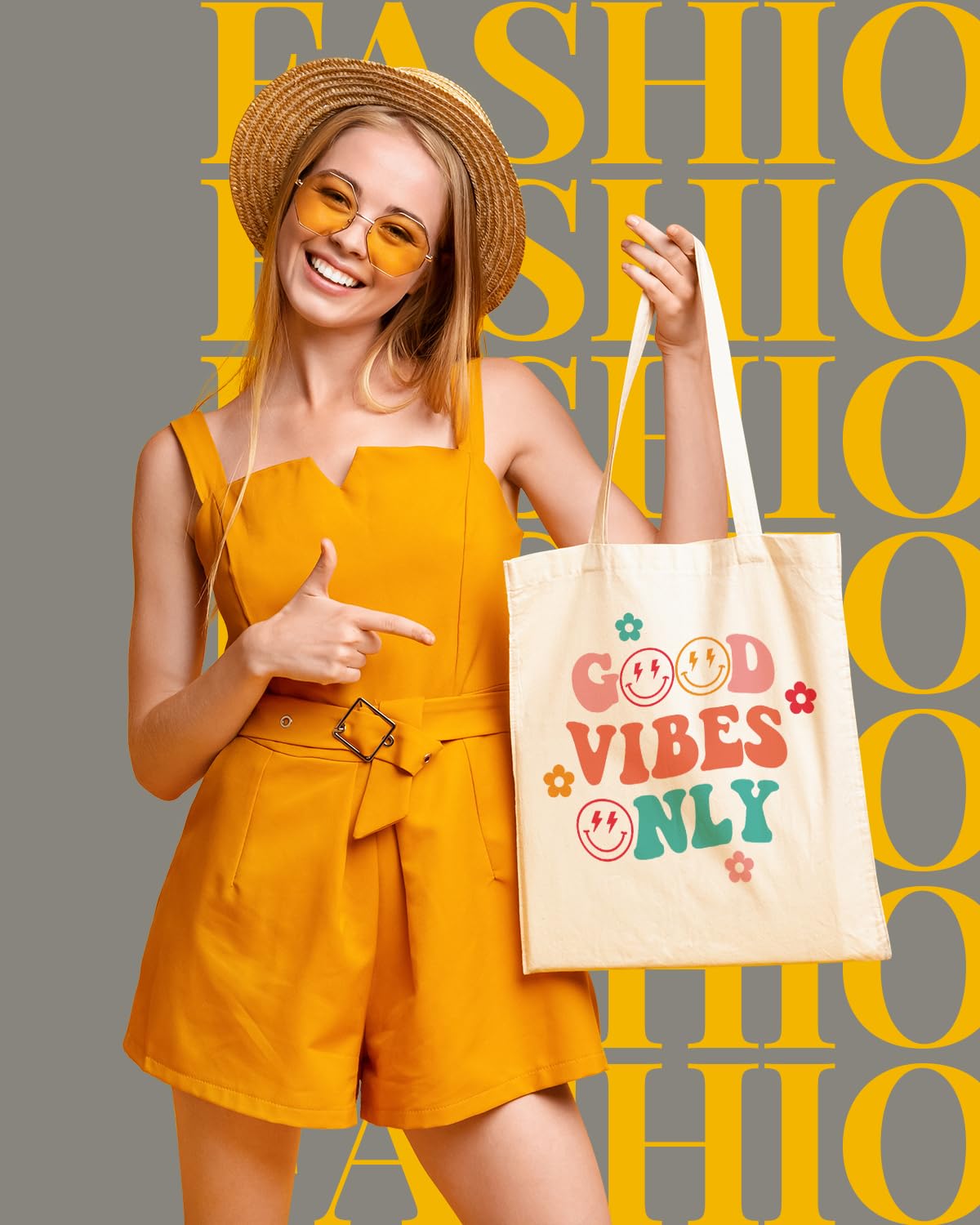 AUSVKAI Canvas Tote Bag Aesthetic for Women Cute Grocery Bag Cotton Beach Totes Gift-Good Vibes Only