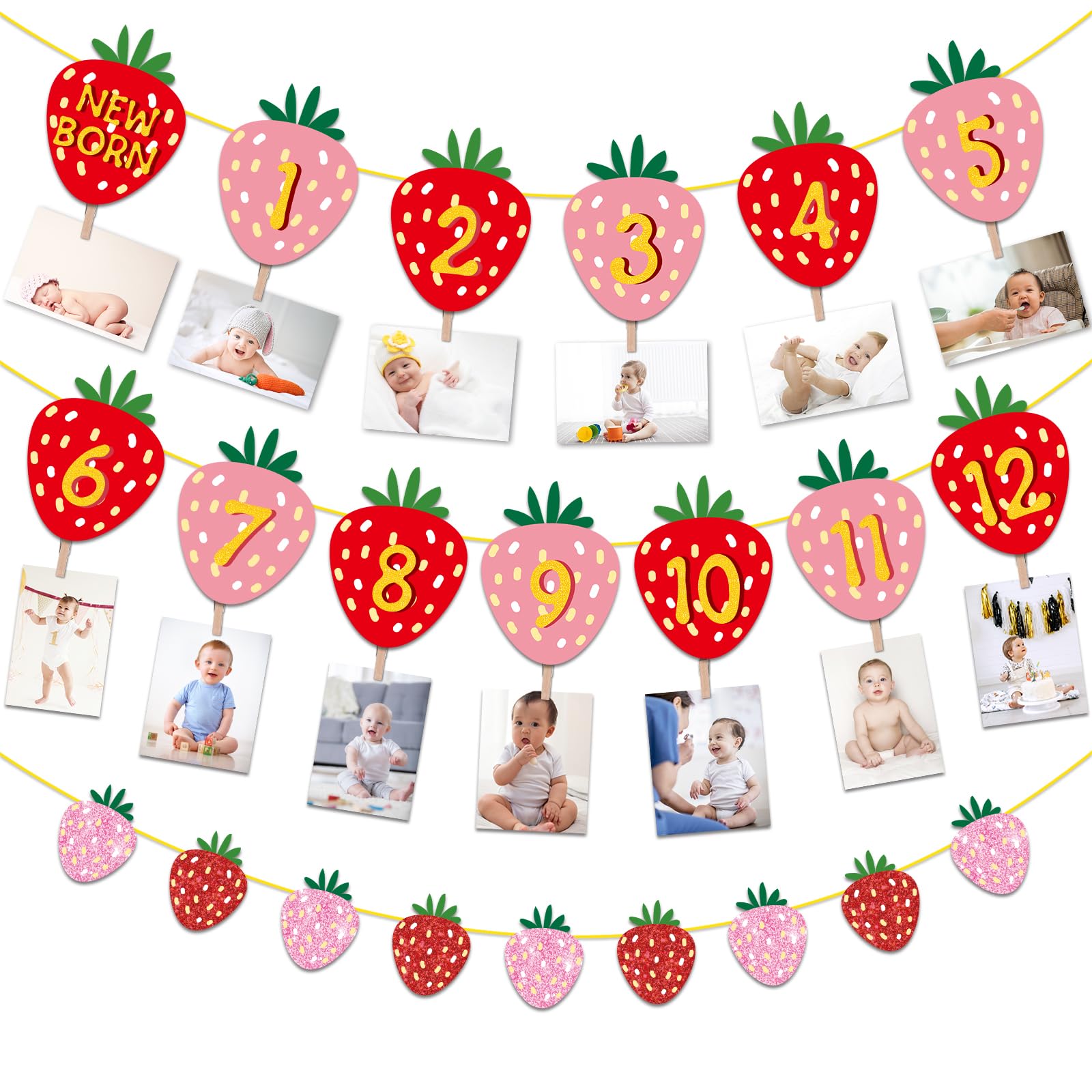 Strawberry First Birthday Party Decoration Berry 1st Monthly Photo Banner Milestone Photograph Bunting Garland for Baby Girl 12 Months Photo Display Baby Shower Birthday Party Decorations Supplies