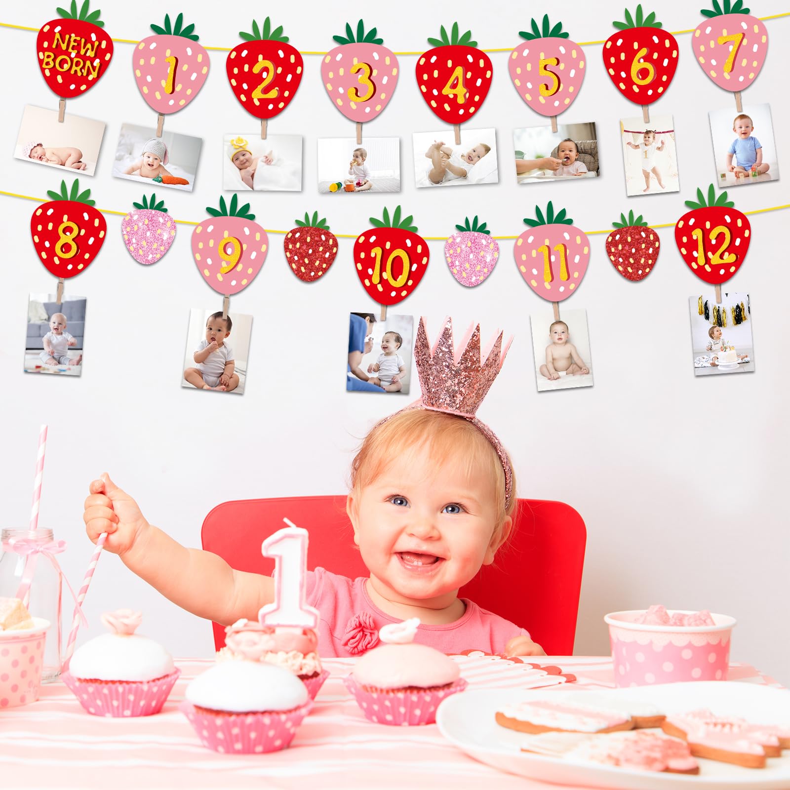 Strawberry First Birthday Party Decoration Berry 1st Monthly Photo Banner Milestone Photograph Bunting Garland for Baby Girl 12 Months Photo Display Baby Shower Birthday Party Decorations Supplies