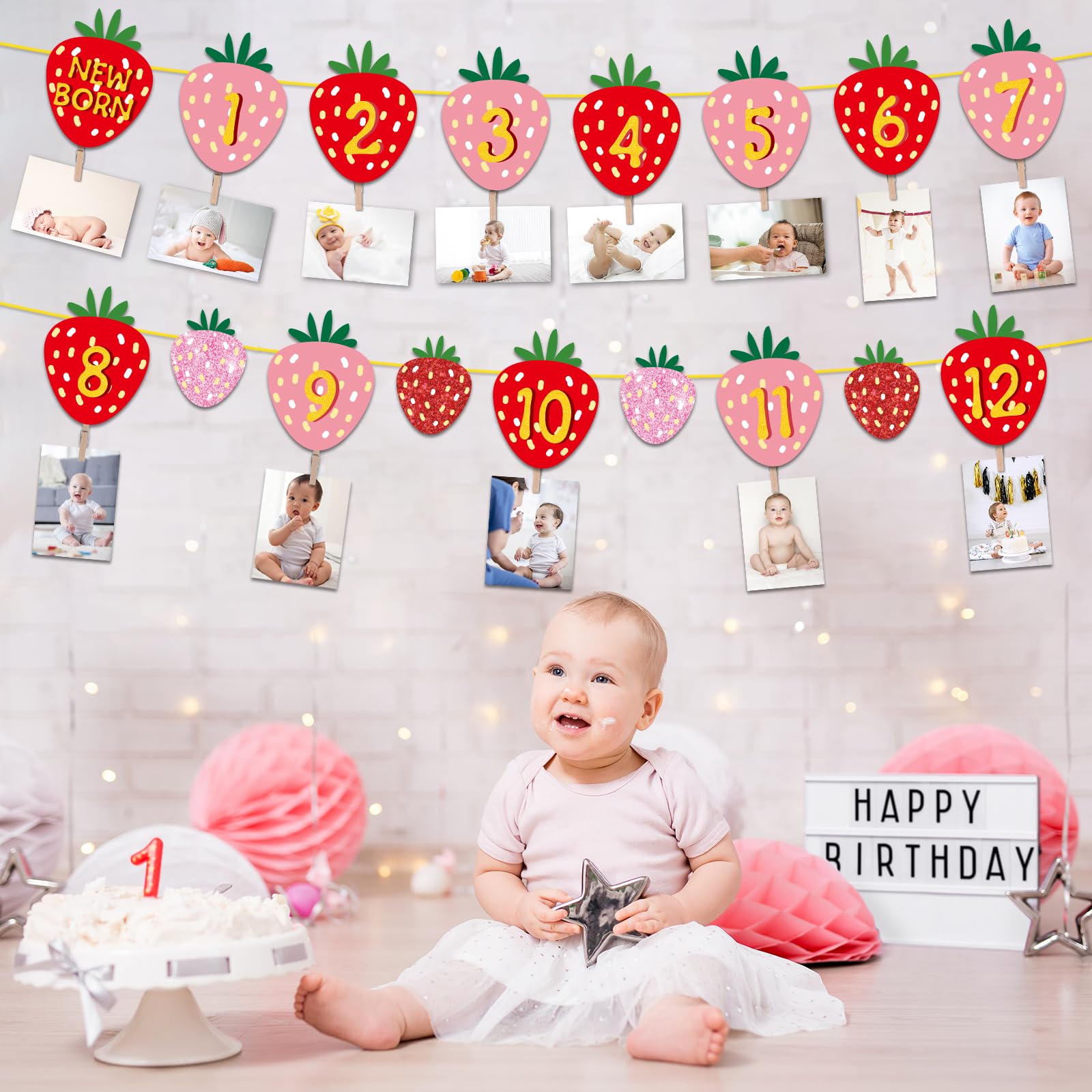 Strawberry First Birthday Party Decoration Berry 1st Monthly Photo Banner Milestone Photograph Bunting Garland for Baby Girl 12 Months Photo Display Baby Shower Birthday Party Decorations Supplies