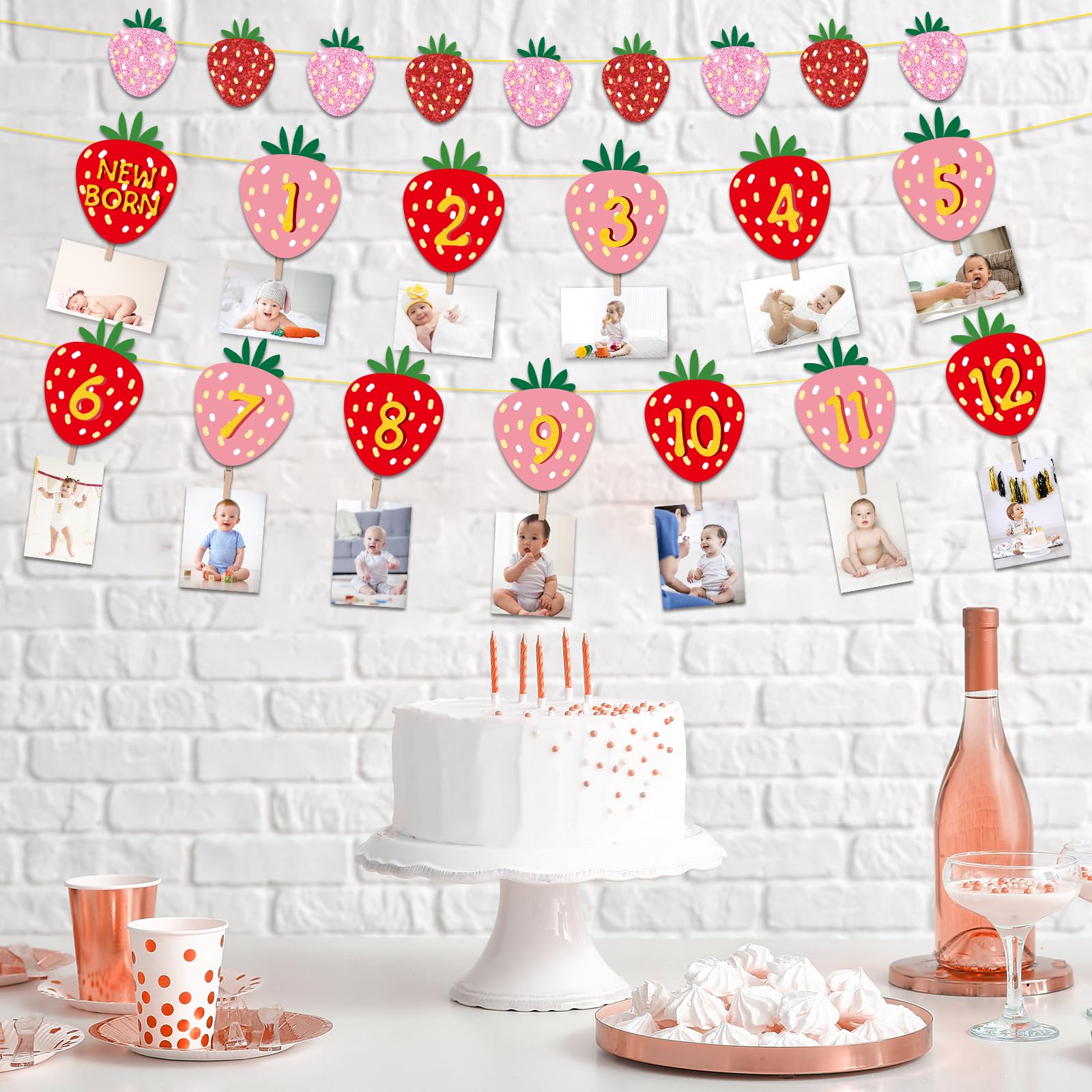 Strawberry First Birthday Party Decoration Berry 1st Monthly Photo Banner Milestone Photograph Bunting Garland for Baby Girl 12 Months Photo Display Baby Shower Birthday Party Decorations Supplies