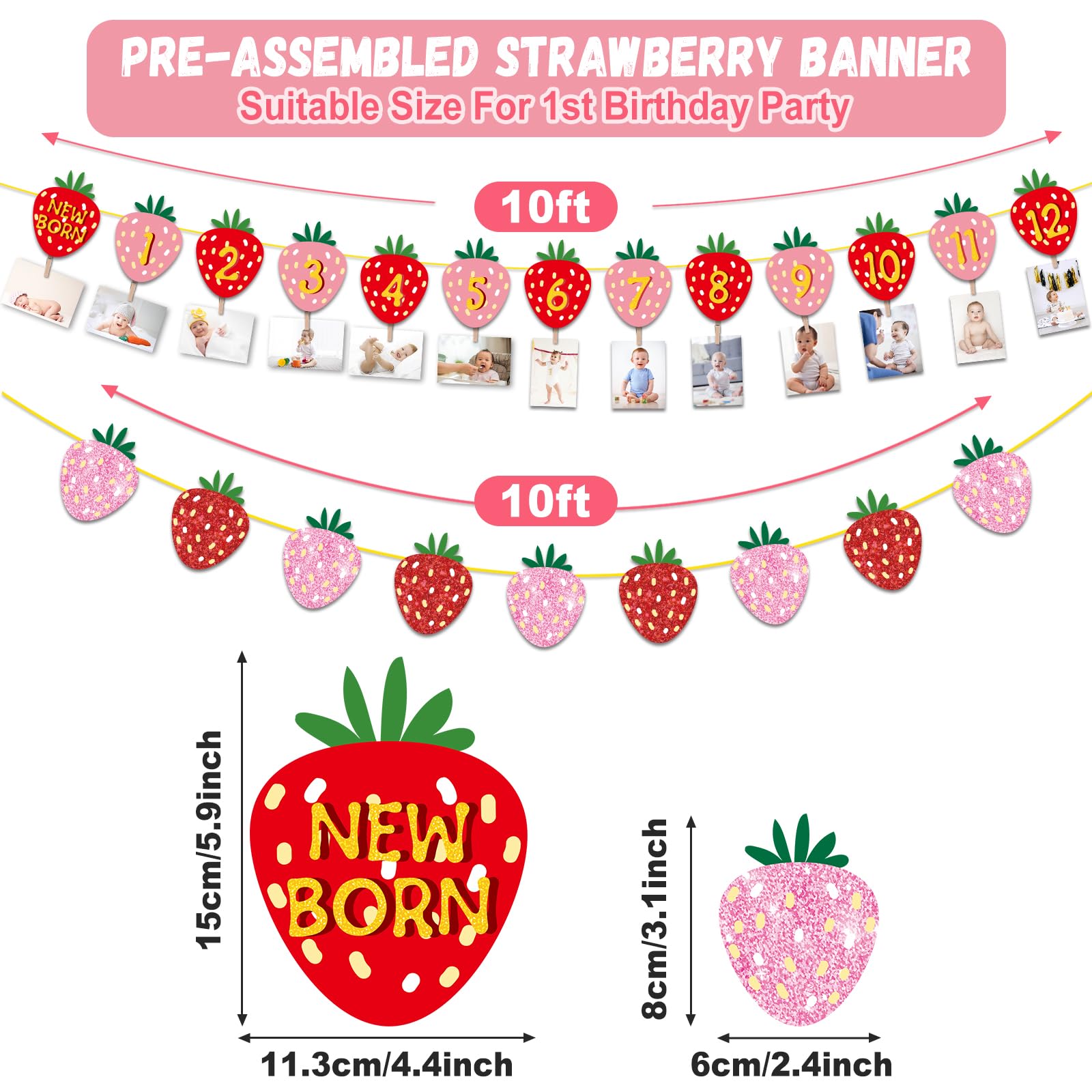 Strawberry First Birthday Party Decoration Berry 1st Monthly Photo Banner Milestone Photograph Bunting Garland for Baby Girl 12 Months Photo Display Baby Shower Birthday Party Decorations Supplies