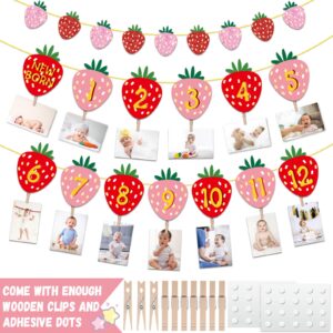 Strawberry First Birthday Party Decoration Berry 1st Monthly Photo Banner Milestone Photograph Bunting Garland for Baby Girl 12 Months Photo Display Baby Shower Birthday Party Decorations Supplies