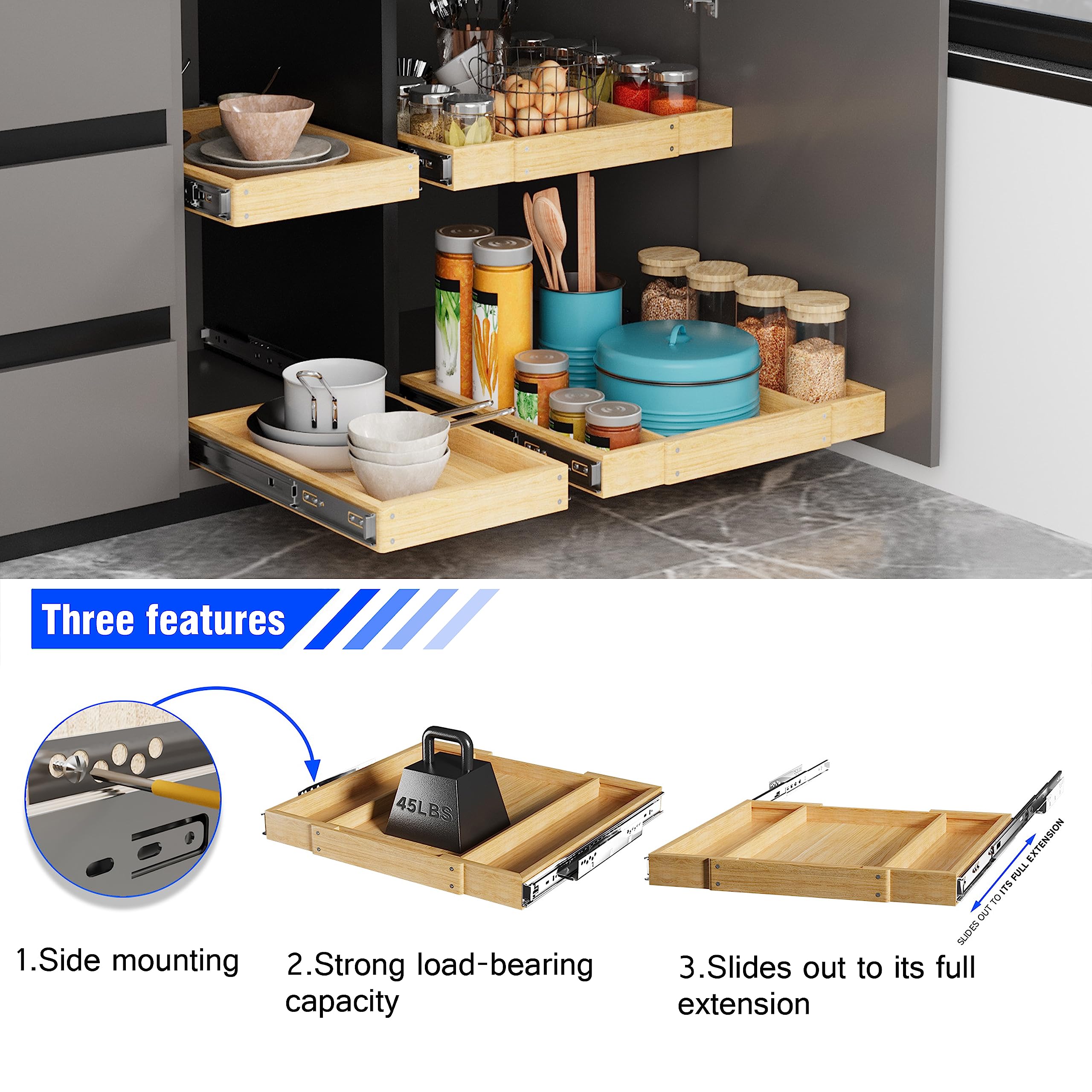 LOCVCDA Expandable Pull Out Cabinet Organizer, 16.3"~25.9"x22" Adjustable Width Wood Cabinet Pull Out Shelves Slide Out Wooden Drawer Storage Shelves for Kitchen(Style 2/1pack)