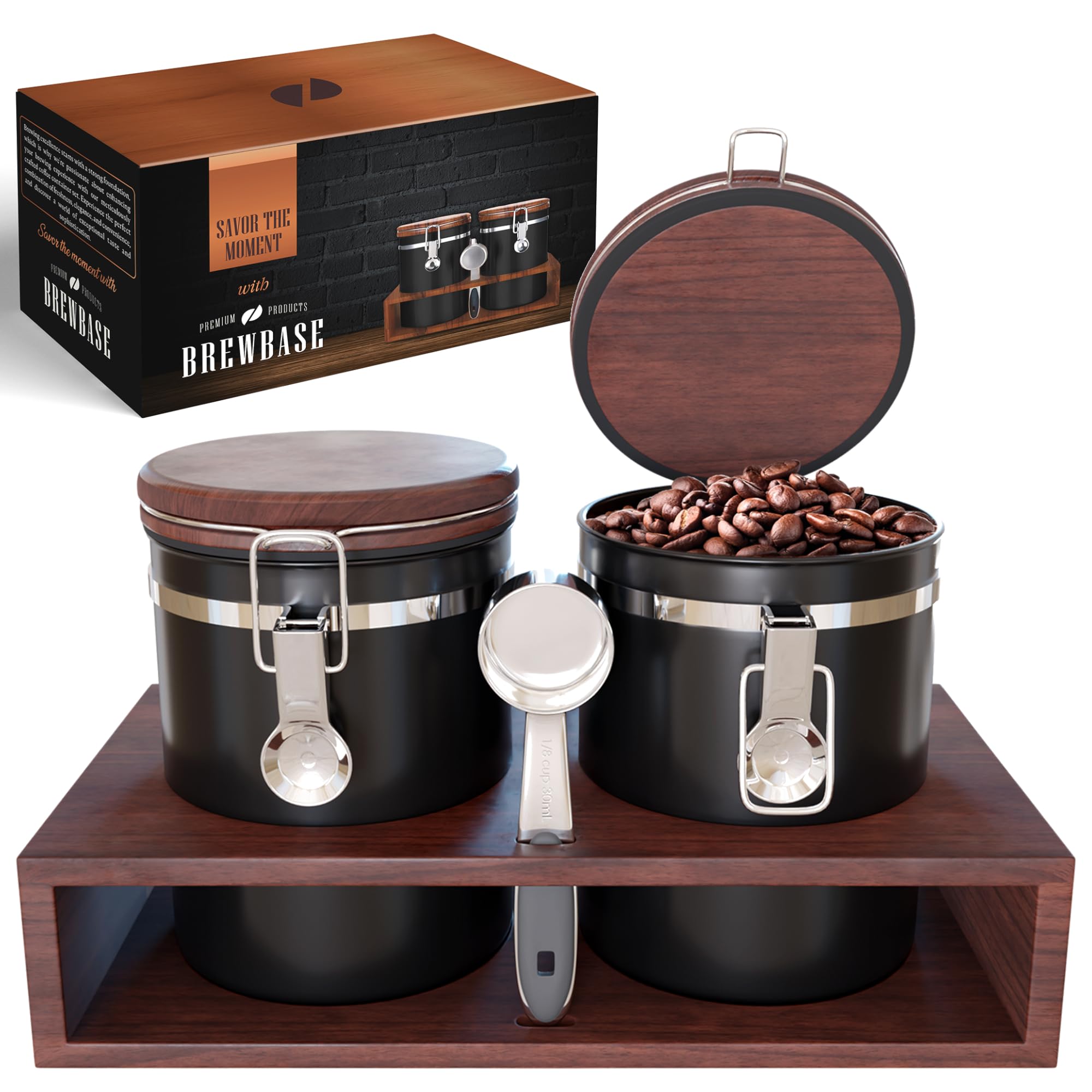 BrewBase - Premium Coffee Storage Containers with Airtight Oak-Wood Lids & Shelf + Scoop, 304 Stainless Coffee Bean Storage Organizer for Kitchen - Coffee Container for Ground Coffee Sugar & More