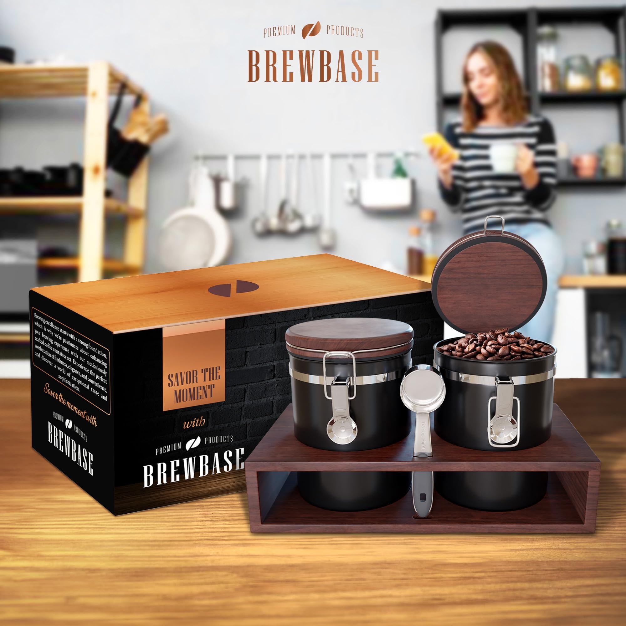 BrewBase - Premium Coffee Storage Containers with Airtight Oak-Wood Lids & Shelf + Scoop, 304 Stainless Coffee Bean Storage Organizer for Kitchen - Coffee Container for Ground Coffee Sugar & More