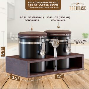 BrewBase - Premium Coffee Storage Containers with Airtight Oak-Wood Lids & Shelf + Scoop, 304 Stainless Coffee Bean Storage Organizer for Kitchen - Coffee Container for Ground Coffee Sugar & More