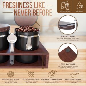 BrewBase - Premium Coffee Storage Containers with Airtight Oak-Wood Lids & Shelf + Scoop, 304 Stainless Coffee Bean Storage Organizer for Kitchen - Coffee Container for Ground Coffee Sugar & More