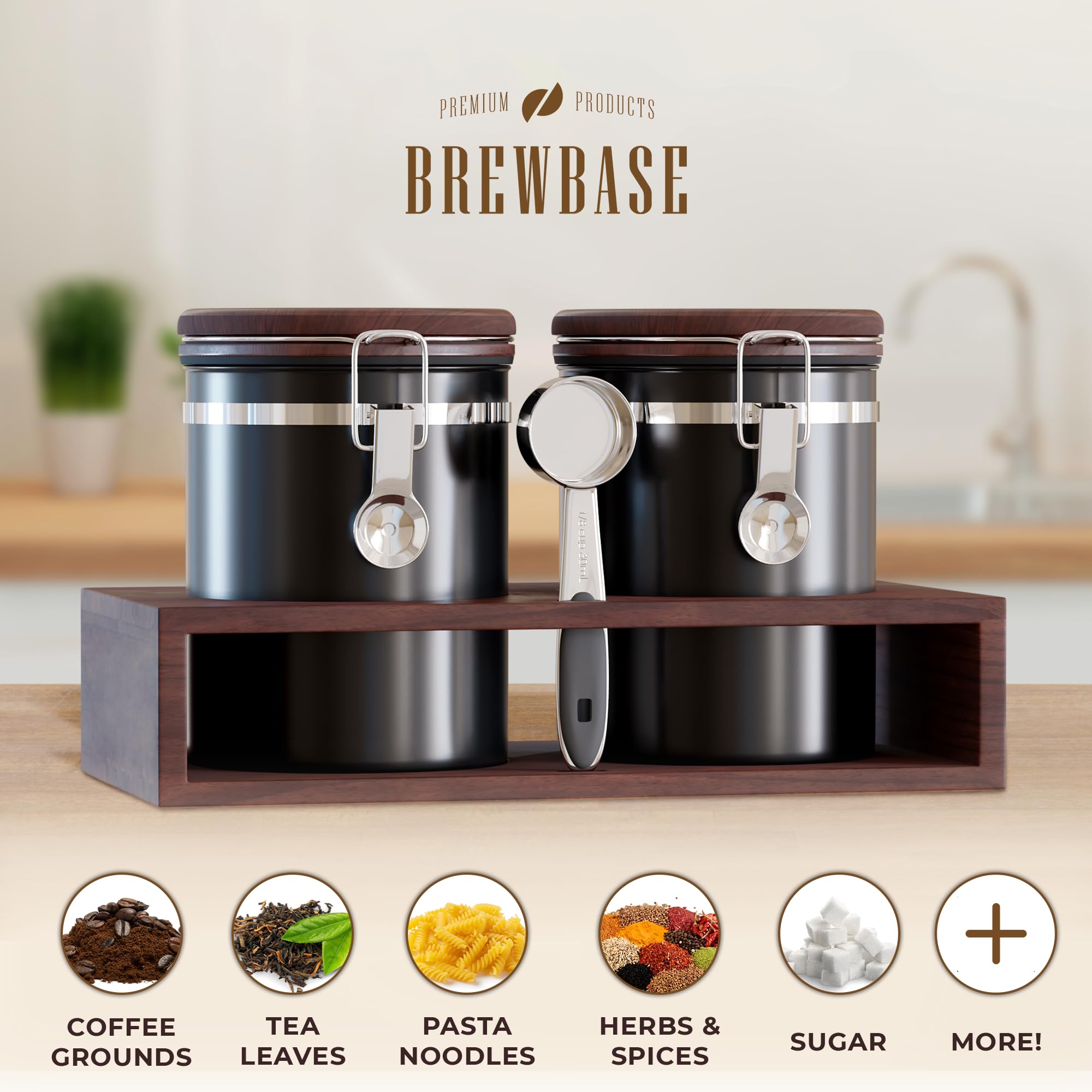 BrewBase - Premium Coffee Storage Containers with Airtight Oak-Wood Lids & Shelf + Scoop, 304 Stainless Coffee Bean Storage Organizer for Kitchen - Coffee Container for Ground Coffee Sugar & More