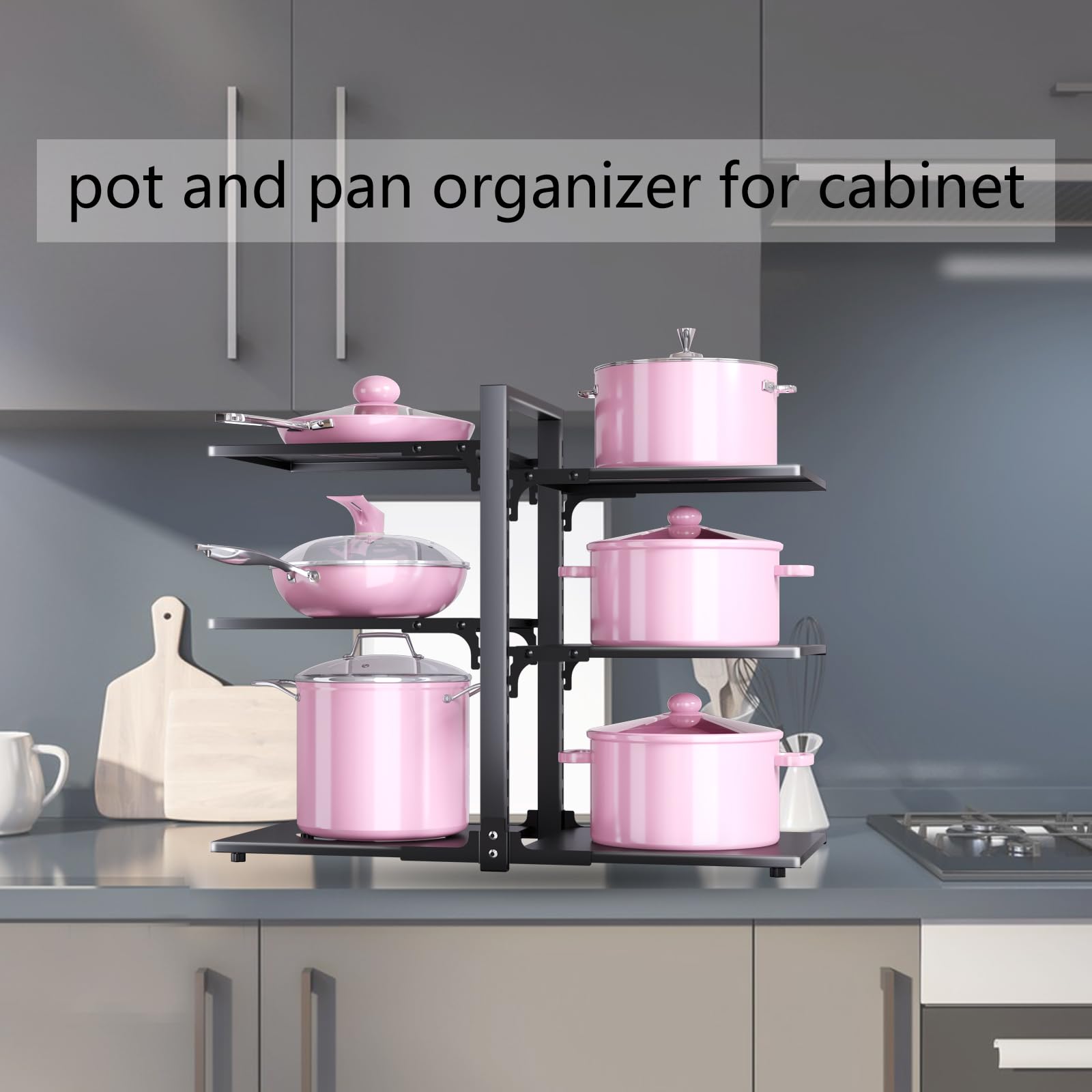 Pots and Pans Organizer，8 Tier Pots And Pans Organizer Adjustable Pot And Pan Rack Organizer For Cabinet Cookware Bakeware Cutting Boards Baking Sheet Heavy Duty Pan And Pot Organizer（Black）