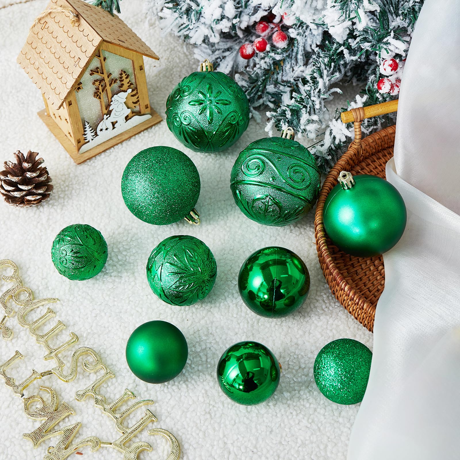 Wironlst Christmas Ball Ornaments - 30pcs Shatterproof Plastic Christmas Ornaments Hanging Ball Decorations for Xmas Tree, Holiday, Wedding, Party (Multi-Size, Green)