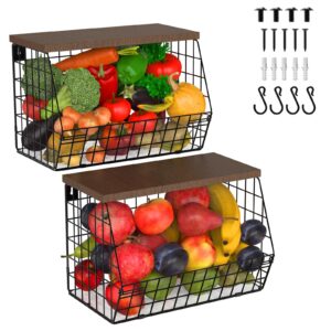 2pcs fruit basket onion storage wire baskets with wood lid, multifunctional stackable wall-mounted & countertop tiered kitchen counter organizer for snack,produce,onion and potato storage bins