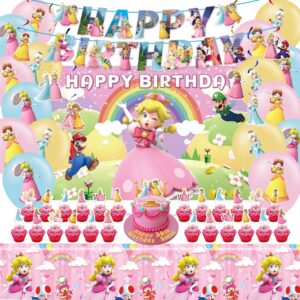mario princess peach party decorations, mario princess peach birthday party supplies include banner, balloons, hanging swirls, backdrops, cake toppers, tablecloth, mario princess peach party favors