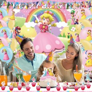 Mario Princess Peach Party Decorations, Mario Princess Peach Birthday Party Supplies Include Banner, Balloons, Hanging Swirls, Backdrops, Cake Toppers, Tablecloth, Mario Princess Peach Party Favors