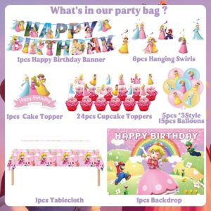 Mario Princess Peach Party Decorations, Mario Princess Peach Birthday Party Supplies Include Banner, Balloons, Hanging Swirls, Backdrops, Cake Toppers, Tablecloth, Mario Princess Peach Party Favors
