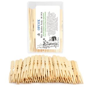 ofcox mini bamboo forks 4 inch, cocktail forks appetizer forks, toothpicks for appetizer, disposable wooden wood tiny small food picks for party fruit charcuterie accessories. 60 pcs