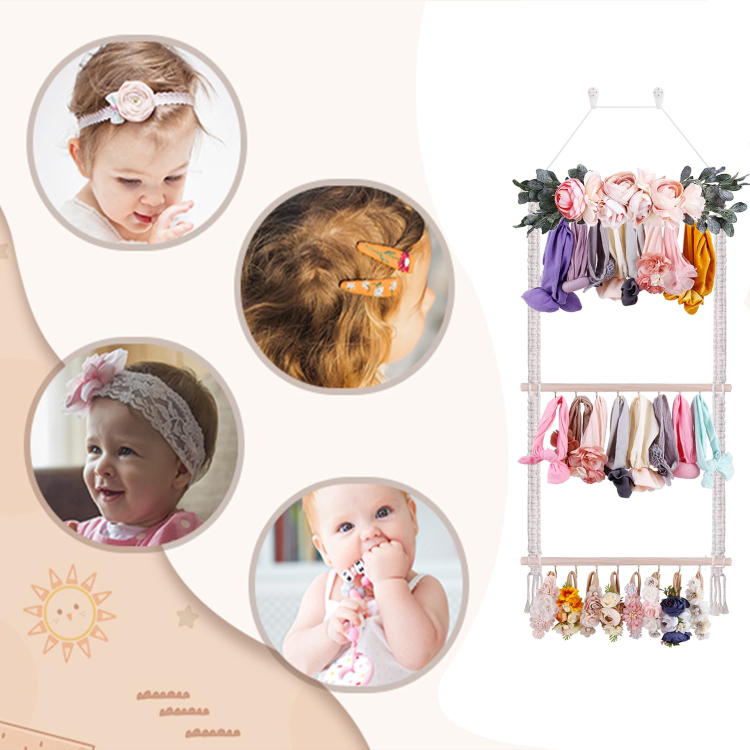 OOSAKU Headbands Holder for Girls Baby Hair Accessories Organizer Storage Wall Hanging Decor for Toddler Girls Room Wall Door Closet Hair Bows Organizer (SF8-BZ-J)