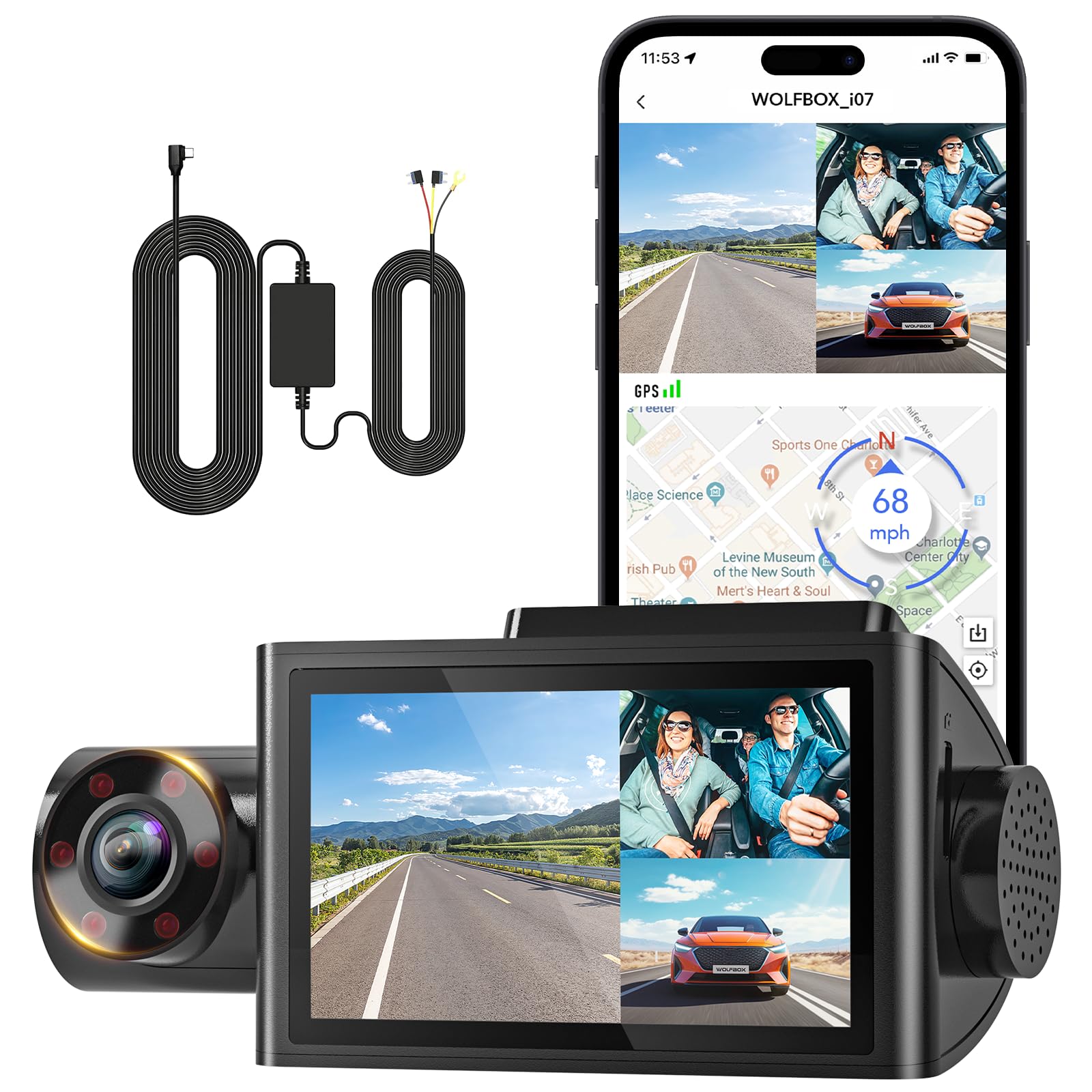 【i07 + Hardwire Kit】 WOLFBOX i07 Dash Cam, 3 Channel Dash Cam with Hardwire kit for Parking Mode