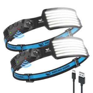 smiling shark rechargeable headlamp, 2 pack wide angle 6*white light the brightest led head lamp with motion sensor waterproof headlight for camping hiking outdoor, head-light-led-lamp-rechargeable
