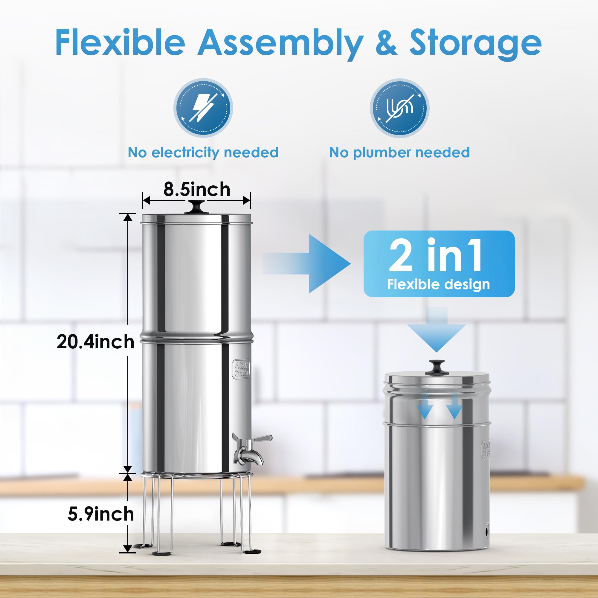 AQUA CREST Gravity Water Filter System, 304 Stainless Steel Countertop System with 4 Filters and Anti-Slip Stand, Reduce Fluoride and Chlorine, 2.25G, for Home, Camping, RVing, Off-Grid, Emergencies