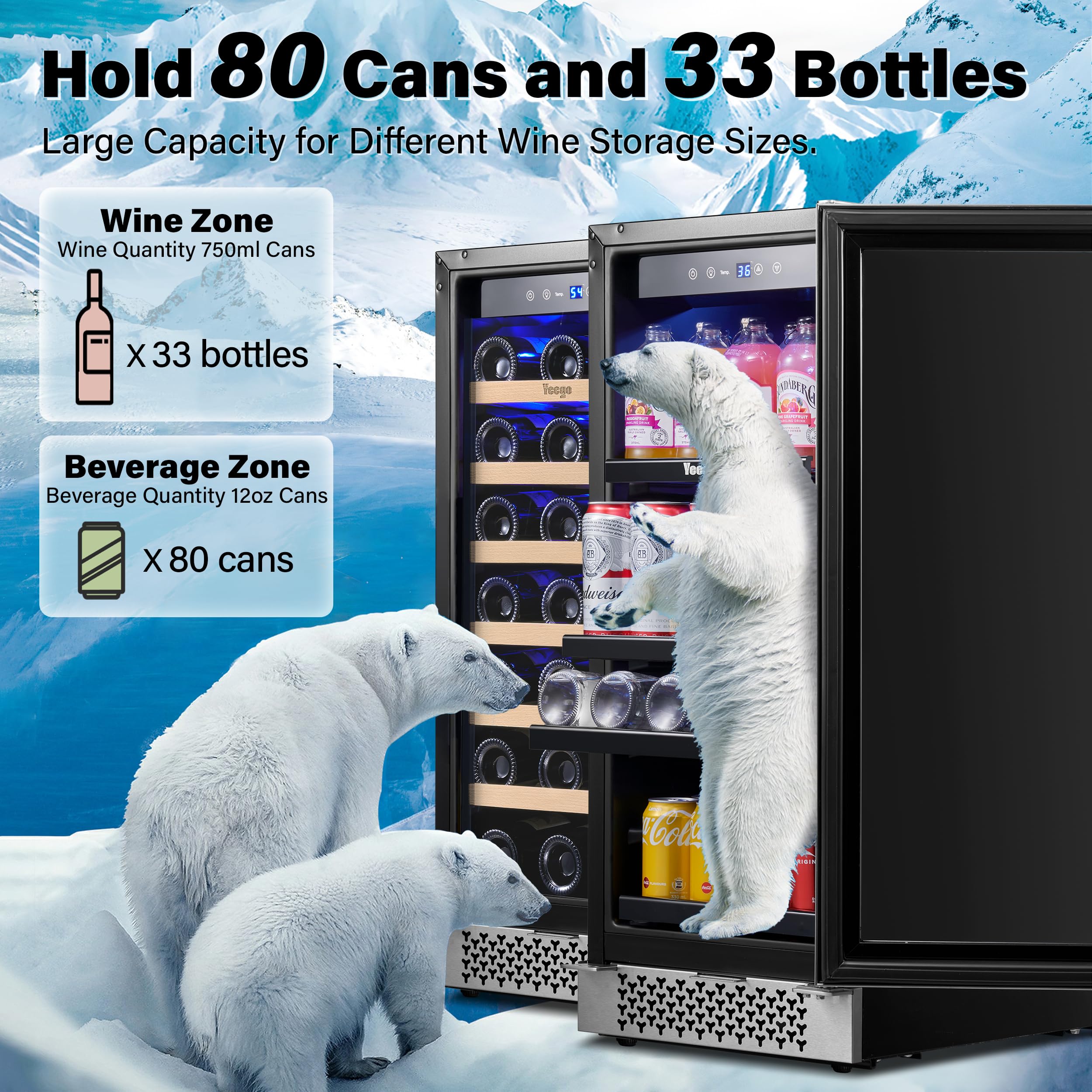 Yeego 30 inch Wine Fridge, Two 15" Wine Coolers Side-by-Side Refrigerators Freestanding Wine Cooler, Hold 33 Bottles and 80 cans