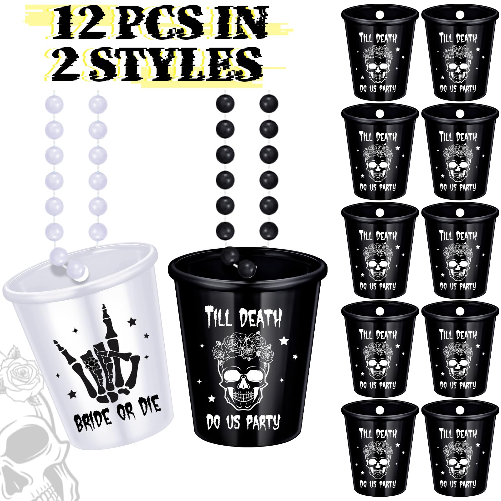 Kigeli 12 Pcs Bride or Die Bachelorette Shot Glass Beaded Necklace Halloween Till Death Do Us Party Plastic Shot Glass Necklaces Halloween Gothic Skull Bridal Shower Party Favor for Wedding